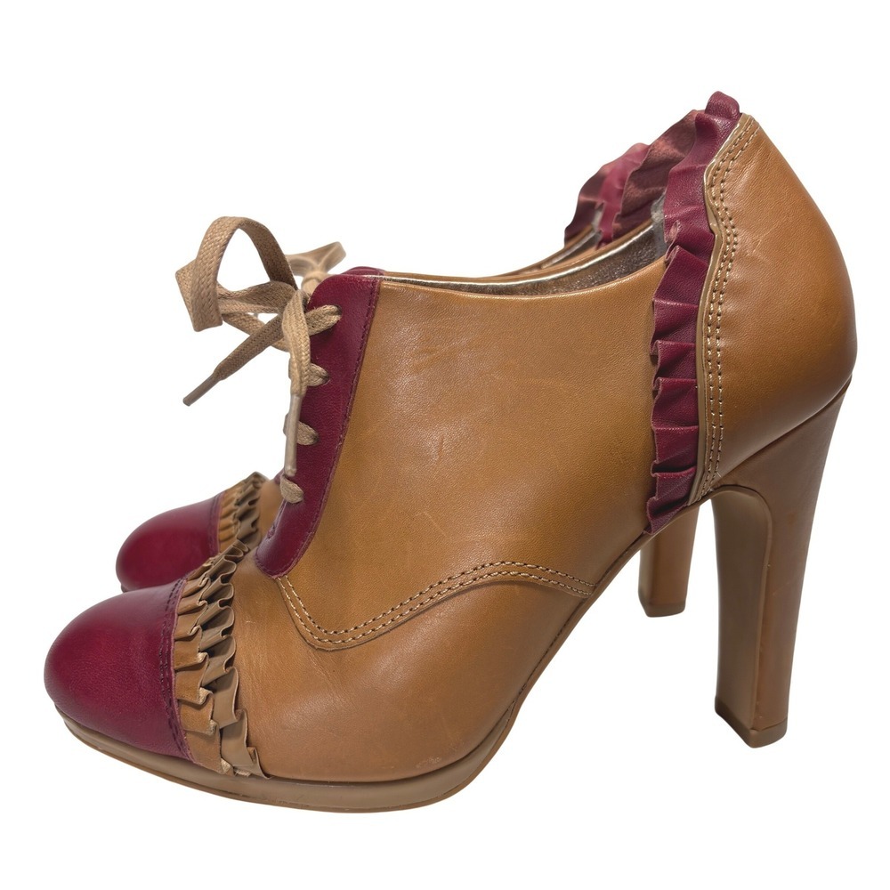 Miss Albright Brown Red Leather Victorian Style Lace Up Ruffle Booties Size 7